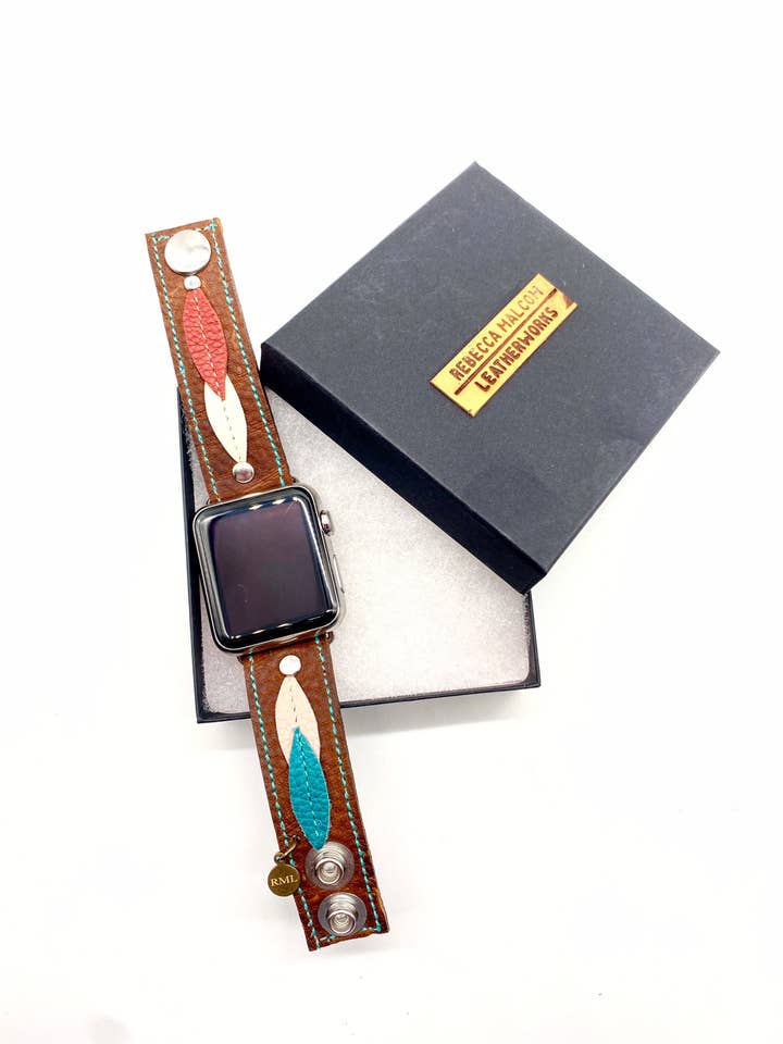 Handmade Leather Apple Watch Band: Brown Leaf Design for wholesale by Rebecca Malcom LeatherWorks