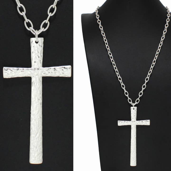 Big Hammered Cross Long Pendant Necklace for wholesale by SOPHIA WHOLESALE