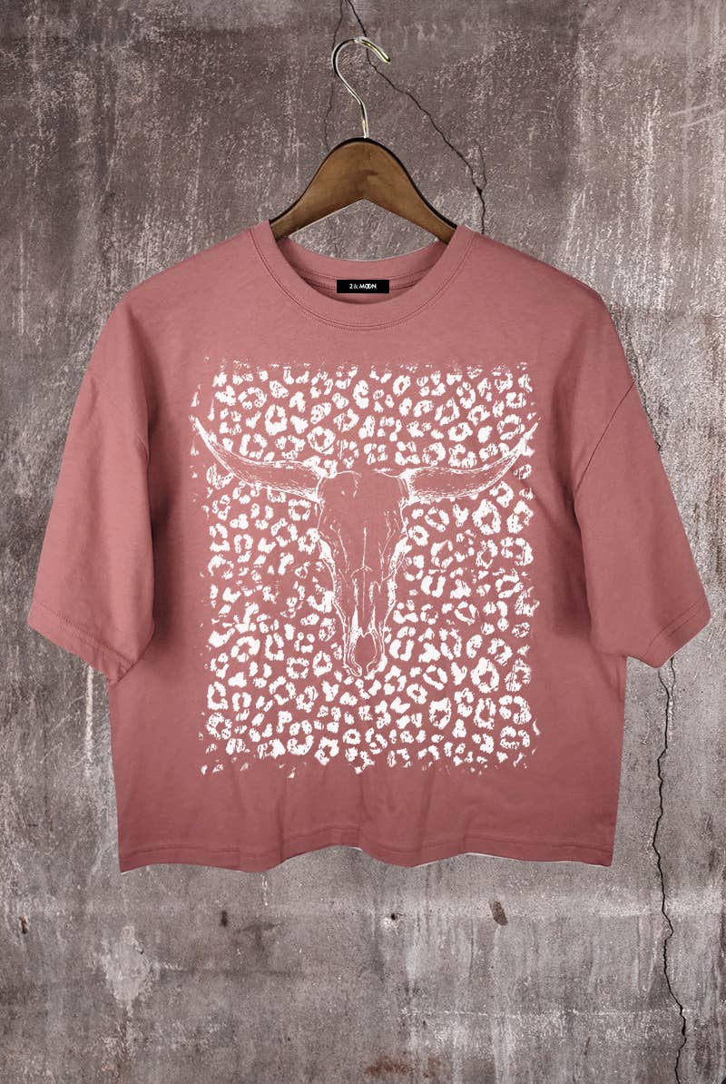 2&moon - Wholesale Screen Printed T-Shirt - Women's - Giving Leopard Pattern Cow Western Theme Crop Tee  4