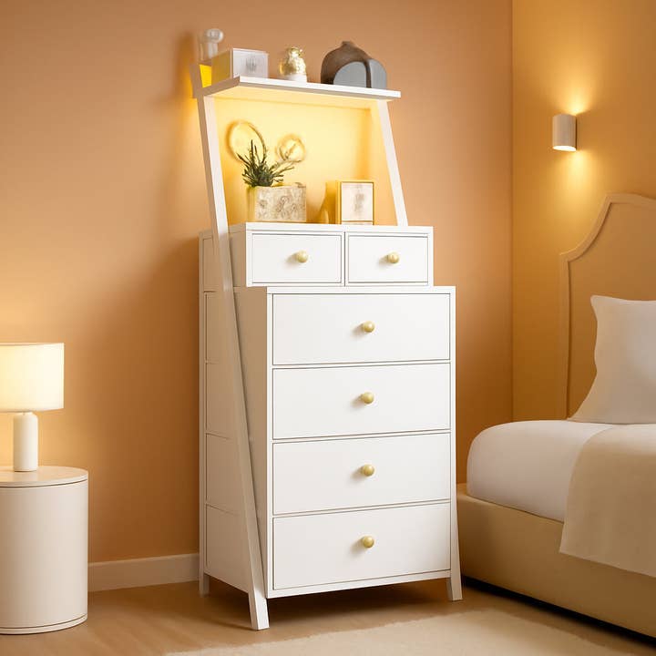 Vertical LED Dresser 6 Drawers White Bedroom Chest for wholesale by ShipItFurniture