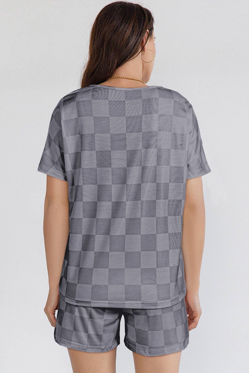 LA Society - Wholesale Lounge Set - Women's - Checkered V Neck Tee and Drawstring Shorts Lounge Set3