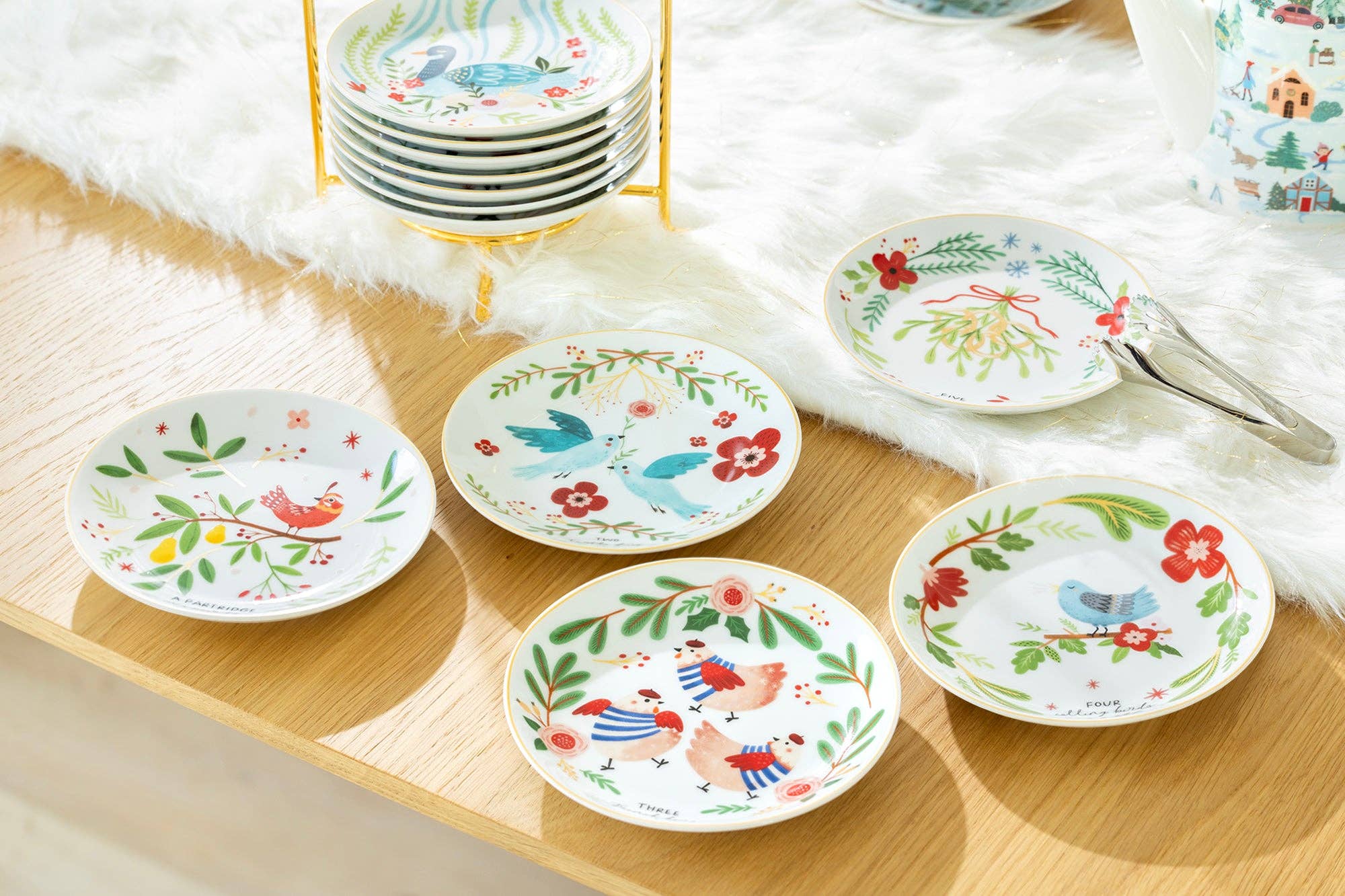 Grace Teaware - Wholesale Appetizer Serveware - 12 Days of Christmas Fine Porcelain Appetizer Plate Set - Metal Rack Version2