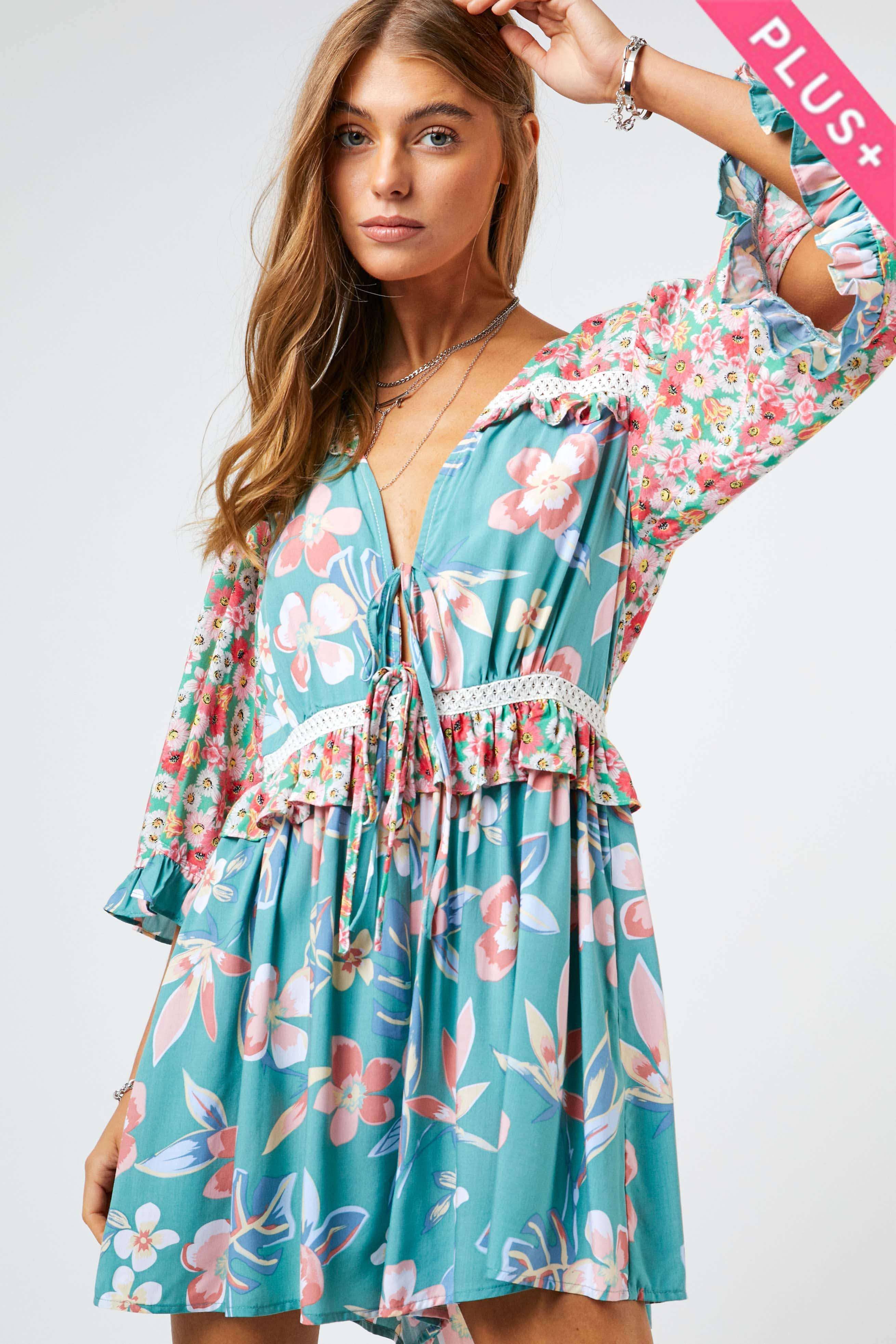 Davi & Dani – wholesale Romper – Women's – PLUS FLORAL TIE FRONT BACK FLARED SLEEVE ROMPER12