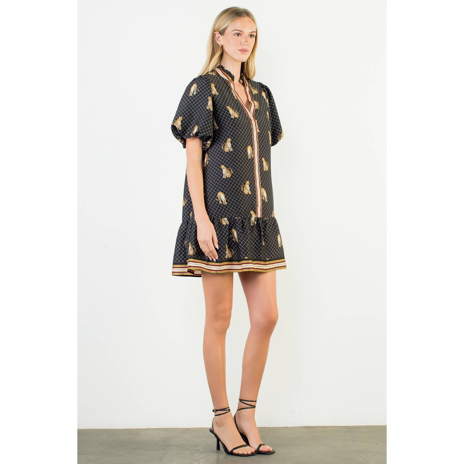 BLACK Puff Sleeve Leopard Print V-Neck Dress for wholesale on Faire5