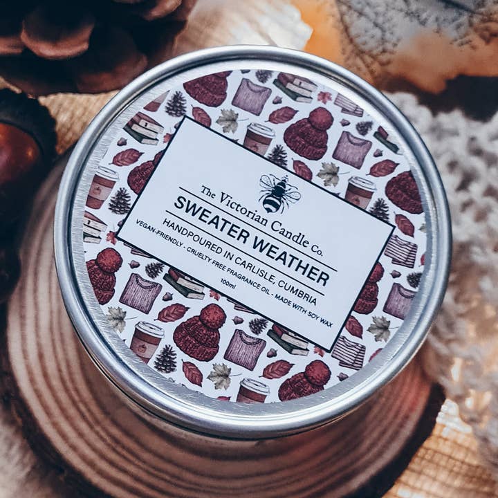 Sweater Weather - Scented Candle - 100ml Tin 🧶 for wholesale by The Victorian Candle Co.