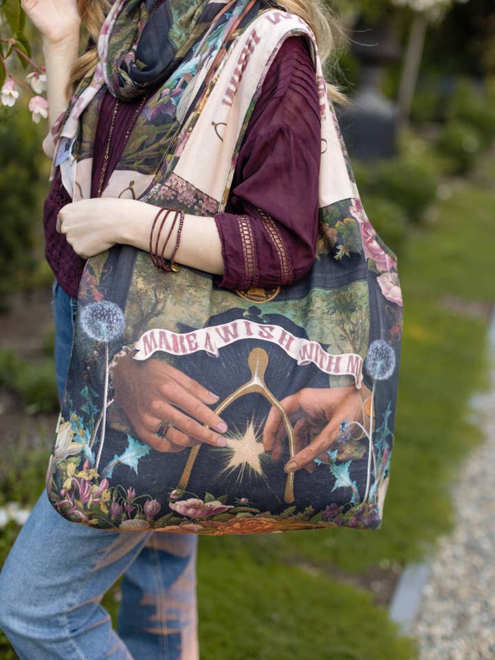 Make a Wish Floral Boho Linen Tote Bag w/ Wishbone Dandelion for wholesale by Market of Stars (Worldwide)