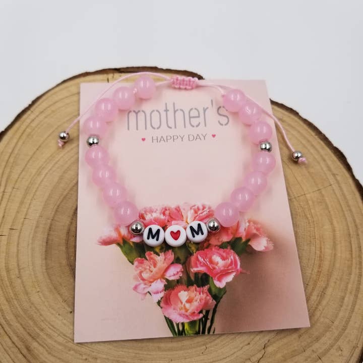 Natural Pink Crystal MOM Bracelet Gift With Card for wholesale by CHAKRA JEWELRY