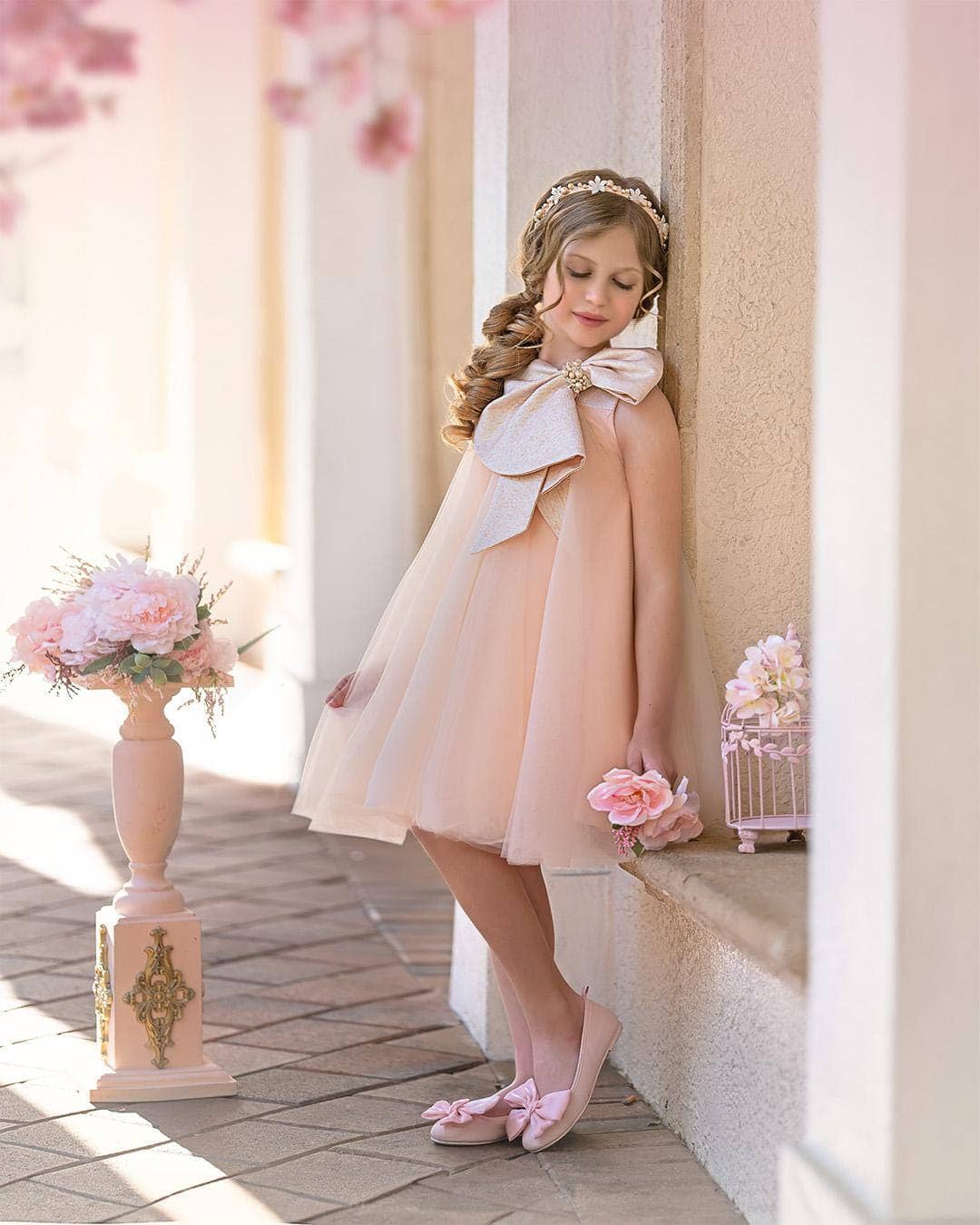 Petite Maison Kids - Vente Robe – enfant - Robe Jackie pêche en tulle à col nœud jacquard19