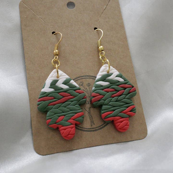 Polymer Clay White, Red and Green Braided Leaf Earrings for wholesale by Fox and Bunny Rise