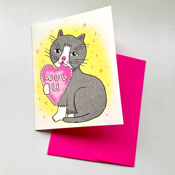 Lili Todd Art - Wholesale Friendship Card - Wuv You Kitty Risograph Greeting Card – Valentine’s Day Cat 1