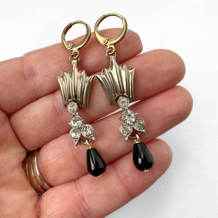 Lulu’s Petals - Wholesale Dangle Earrings - Refashioned vintage fan earrings with clear rhinestone link and black teardrop1