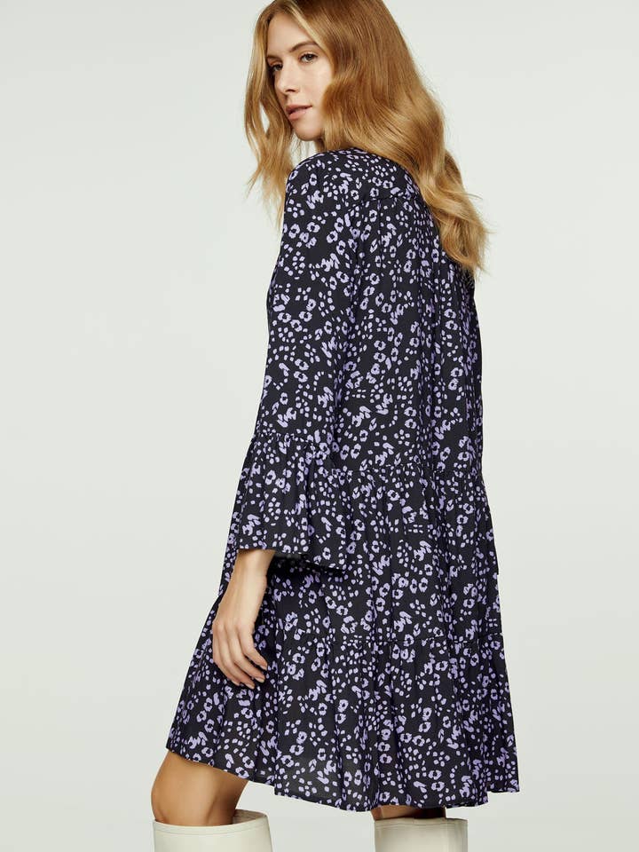 Abito A Line viola e nero con maniche a campana per la vendita all'ingrosso da parte di conquista