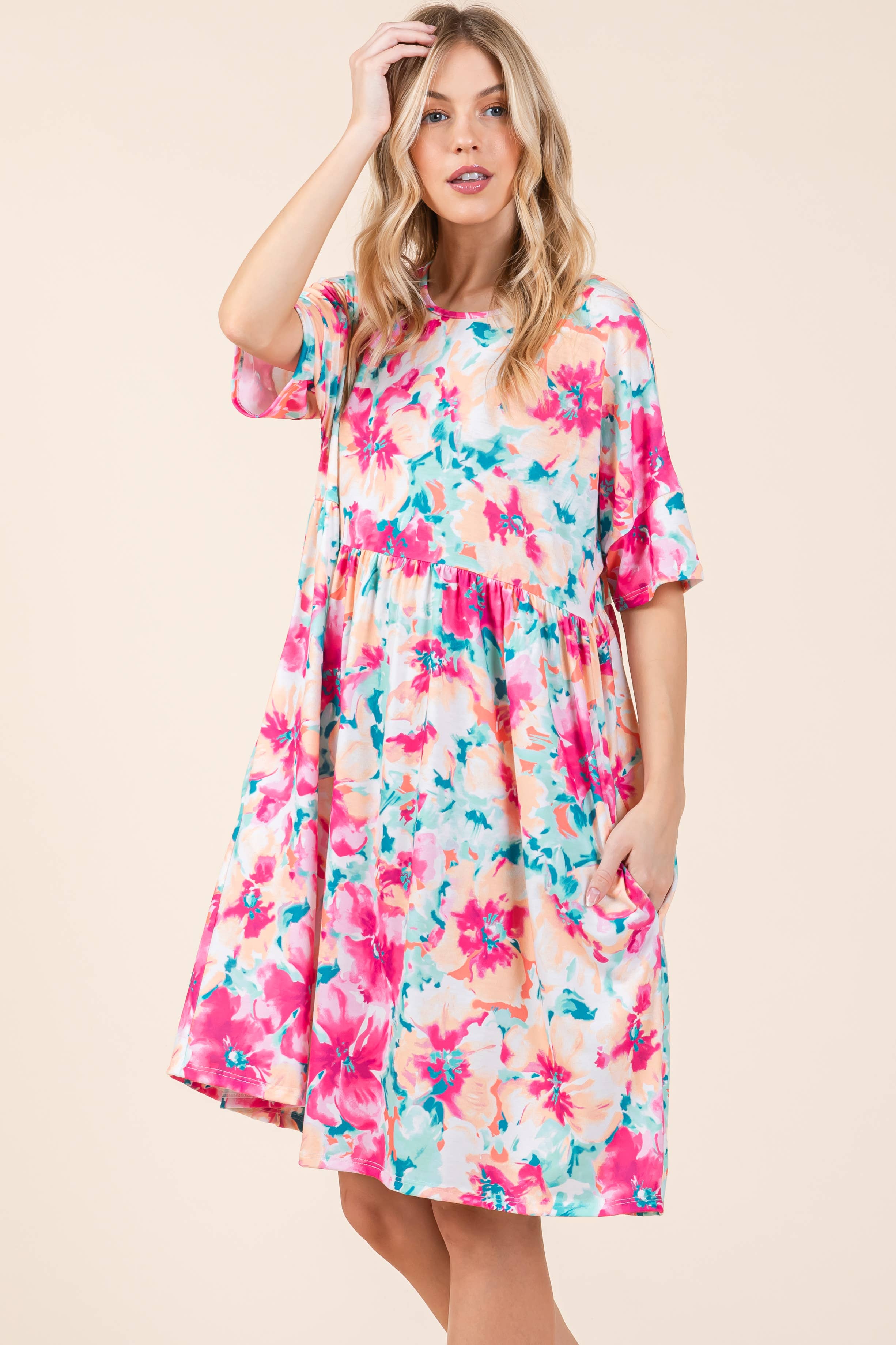 AS SHOWN DA1597 MINT-FUCHSIA SHIRRED DRESS for wholesale on Faire2