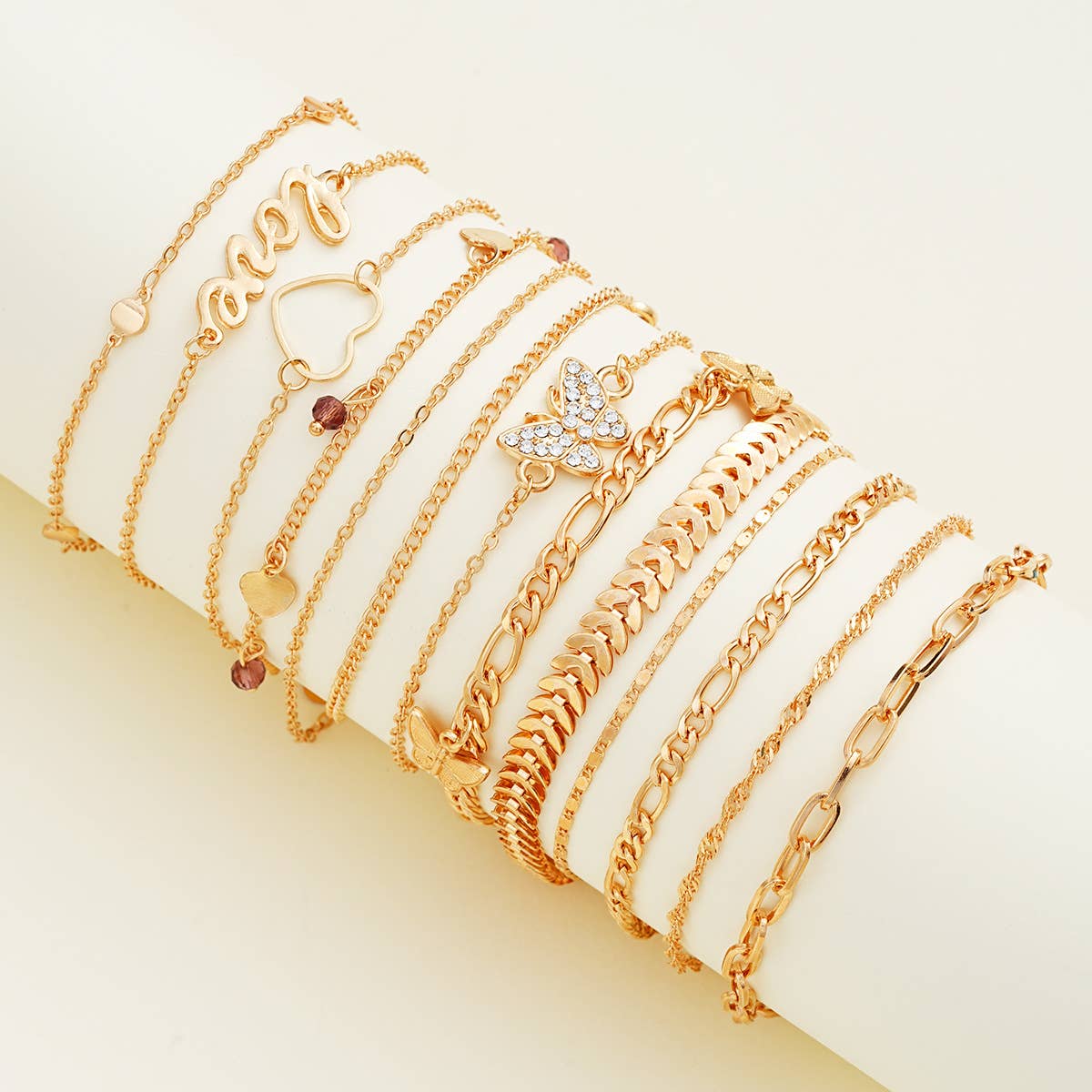 Yellow 13-Piece Gold Butterfly & Heart Alloy Anklet Set ZK2972 for wholesale on Faire2