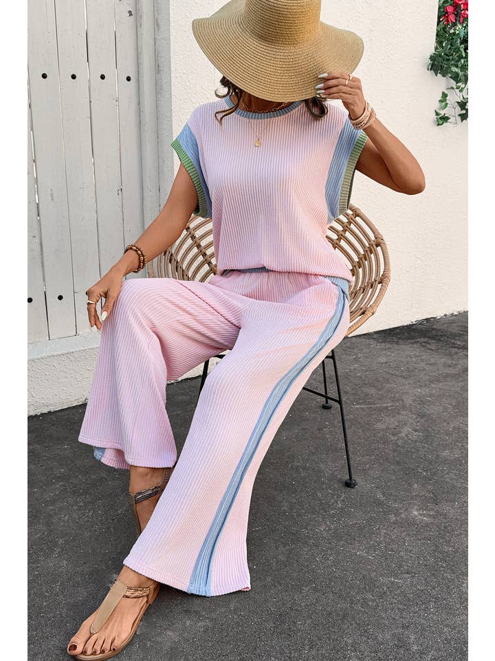 Pink LDC Colorblock Patchwork Short Sleeve Top and Pants Set for wholesale on Faire