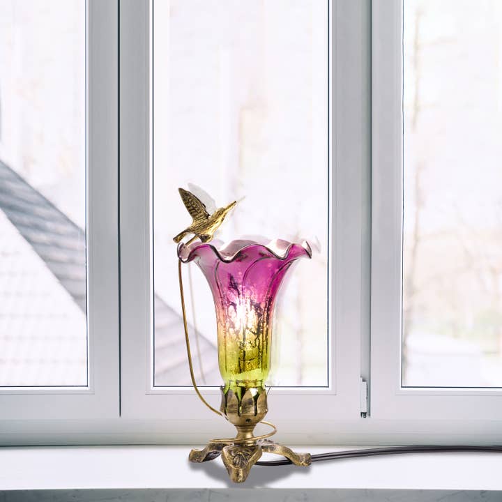 10.25"H Hand Blown Mercury Glass Hummingbird Lily Lamp for wholesale by River of Goods