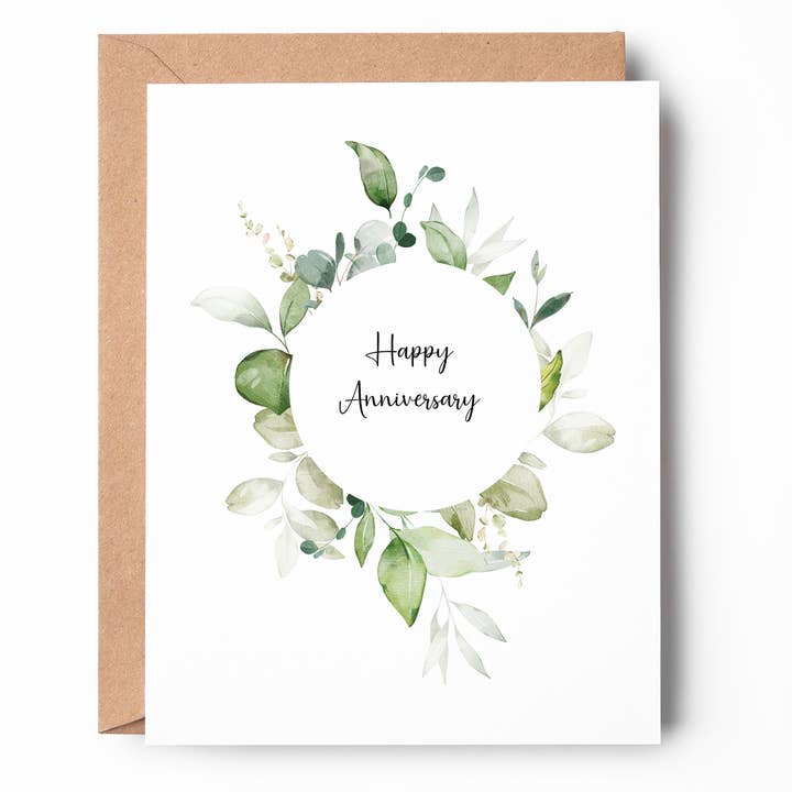 Greenery Wreath Anniversary Card AN04 Green Leaves for wholesale by Oakwind Hollow