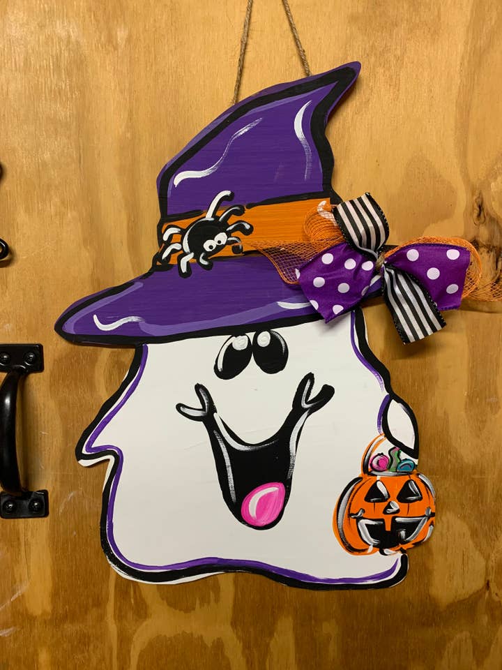 Ghost door hanger with treat bag, 20” for wholesale by Sunflower Soul Art