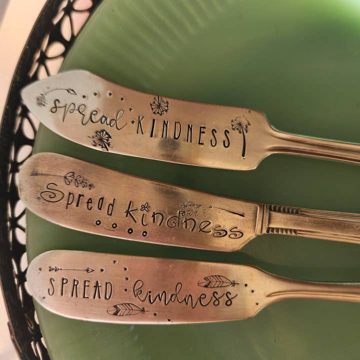 juNxtaposition® - Wholesale Cheese Spreader - SPREAD KINDNESS hand stamped cheese spreader2