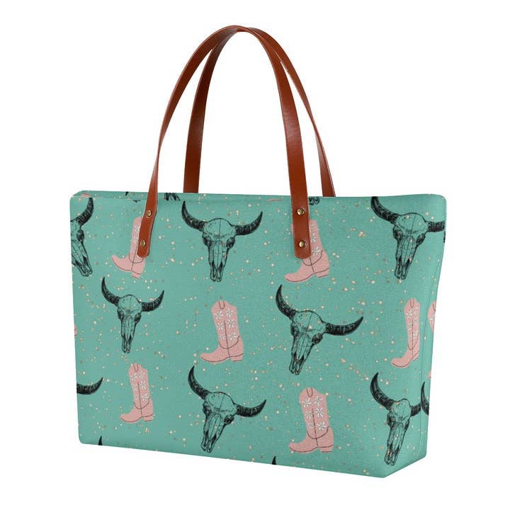 Turquoise Bullskull Pink Cowboy Boots Western Tote Bag for wholesale by The Sassy Heifer