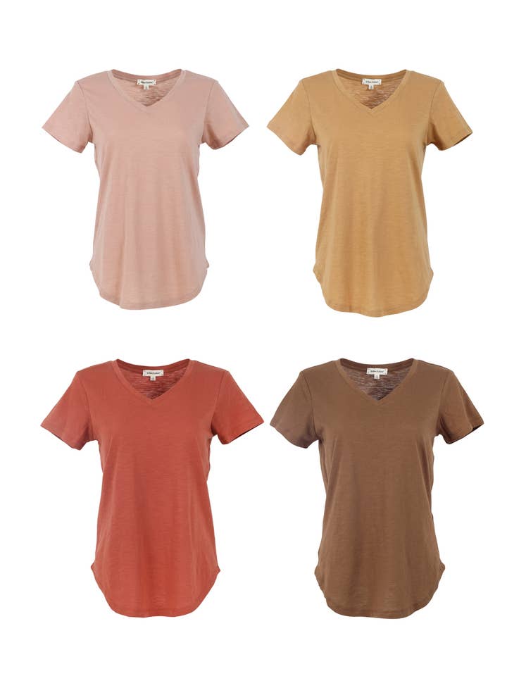 Conjunto de camiseta con cuello en V de color jengibre, óxido y caramelo de Urban Diction para venta al por mayor de Urban Diction