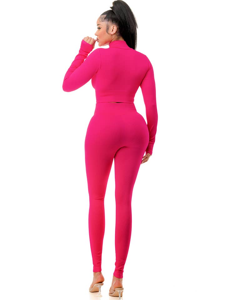 MIO WHOLESALE - Wholesale Top & Pant Set (NOT Loungewear) - Women's - JA60SET SOLID RIB ZIP-UP FRONT CROP JACKET SET6