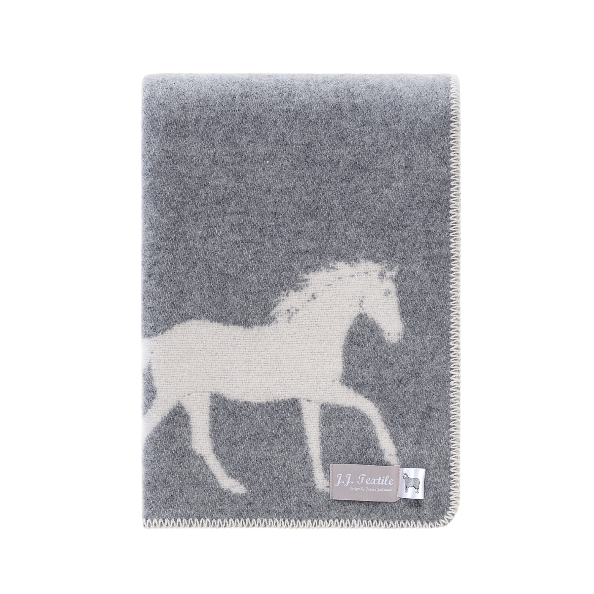 JJ Textile - Vente Plaids - Couverture en laine grise avec motif cheval0