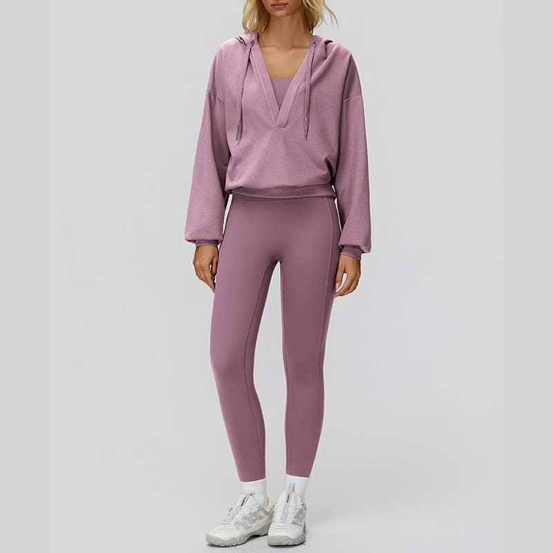 WONDERXFANS - Vendita all'ingrosso Completo sportivo - Donna - Giacca con cappuccio a V+Top sportivo+Leggings a vita alta21
