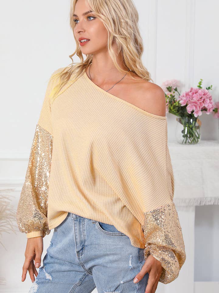 FASHION BLVD - Wholesale Knit Top - Women's - FB Sequin Waffle Patchwork Sleeve Open Back Top8