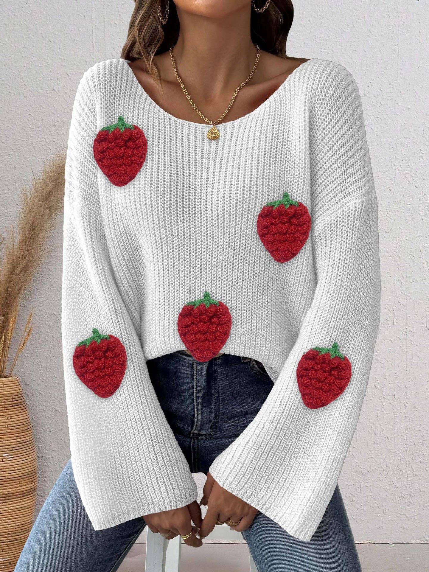 Masyal - Wholesale Knit Sweater - Women's - Off-shoulder Women's Sweater with 3D Strawberry Patchwork1