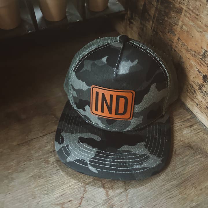 Left Grain - Wholesale Trucker Hat - Unisex - IND Leather Patch on Gray Camo Trucker Hat - Kids