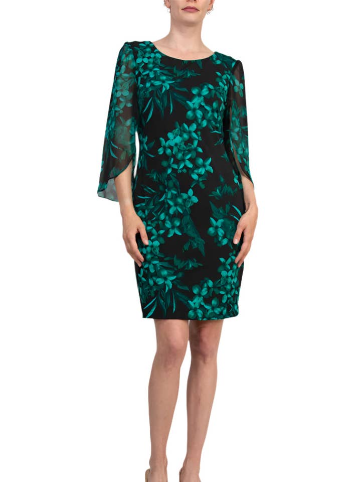 Connected Apparel Floral Detail Three-Quarter Split Sleeves Sheath Dress for wholesale by Immediate Apparel