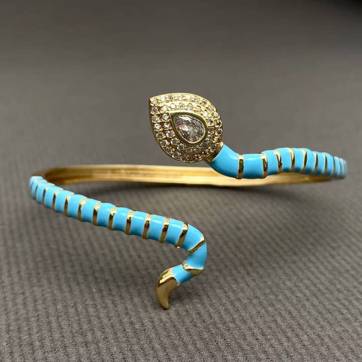 Bracelet Serpent Ajustable Plaqué Or 18K Émail Strass pour la vente par Mio Queena