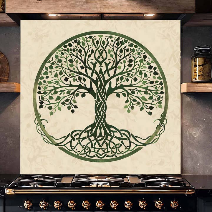 Celtic Roots Tempered Glass Backsplash – Green Tree of Life Kitchen Backsplash for Stove for wholesale by Glass Kitchen Backsplash