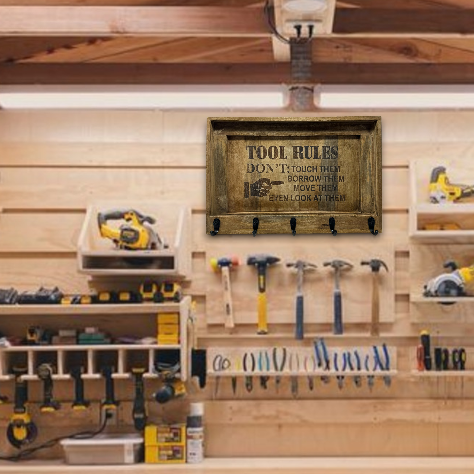 Wilco Home - Wholesale Tool Set - Tool Rules Etched Wood Wall Organizer with Cast Iron Hooks4