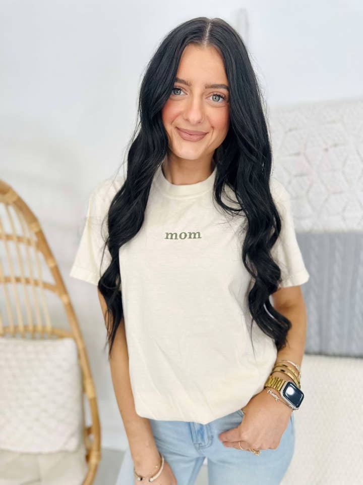 Mom. Simple Embroidered Tee for wholesale by Dash Forward Wholesale