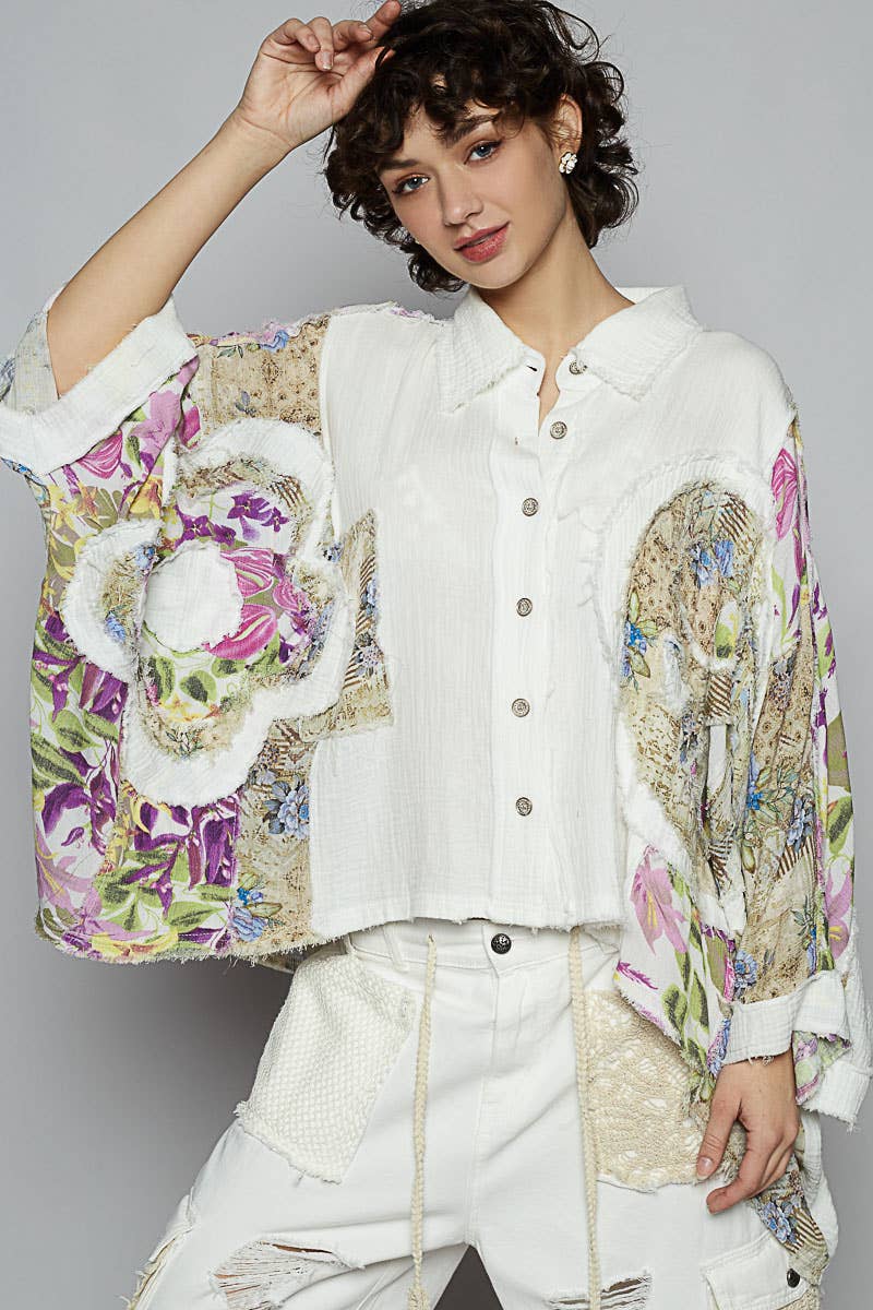 Pol Clothing - Wholesale Button Down Shirt - Women's - 3/4 sleeve roomy fit floral printed shirt top19
