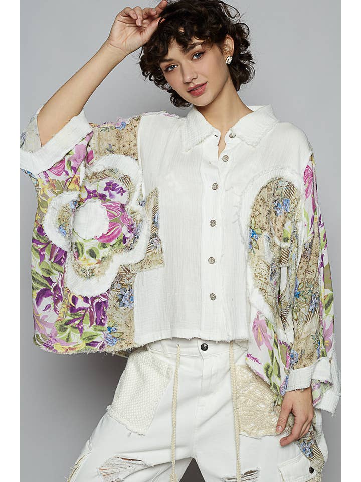 Pol Clothing - Wholesale Button Down Shirt - Women's - 3/4 sleeve roomy fit floral printed shirt top19