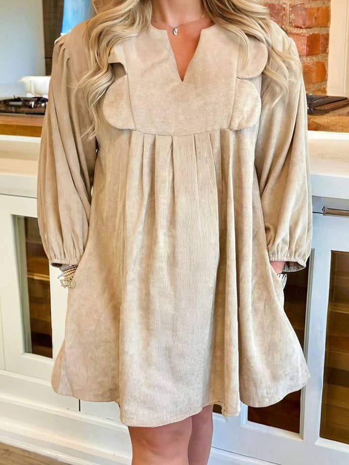 Plus Size Solid Scallop Notched Neck Mini Dress for wholesale by PRETTY BASH