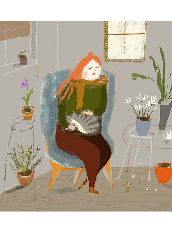 Cat Lady with Houseplants Art Print for wholesale by The Dancing Cat