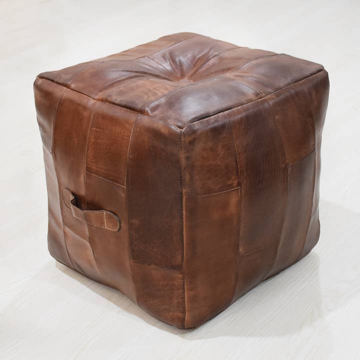 Solid Handmade Buffalo Leather Square Pouf Brown Color BBH for wholesale by BBH Homes LLC