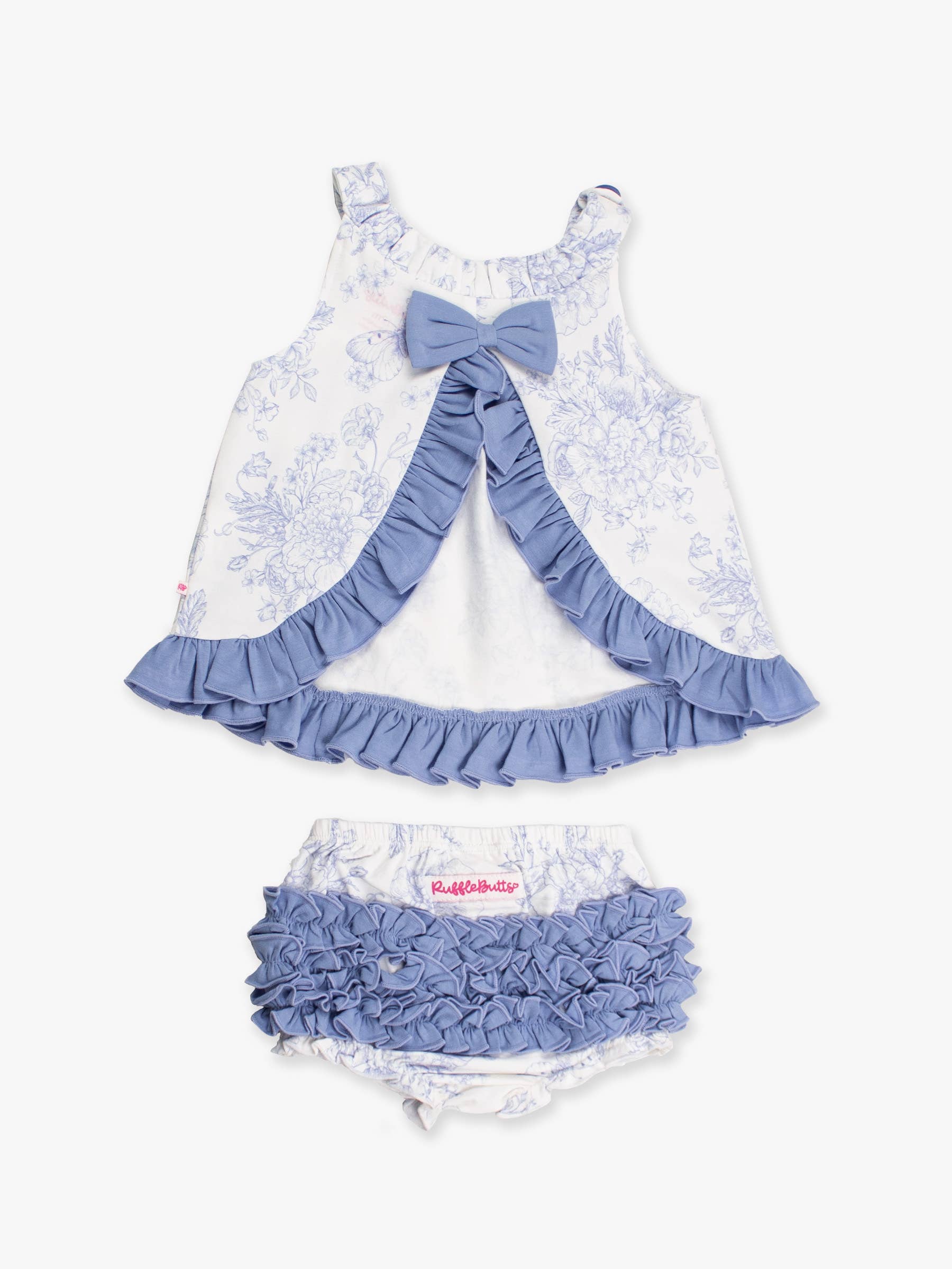 Bleu Ensemble haut évasé et bloomer en tricot jardin de papillons bleu pervenche pour bébé fille en vente sur Faire2