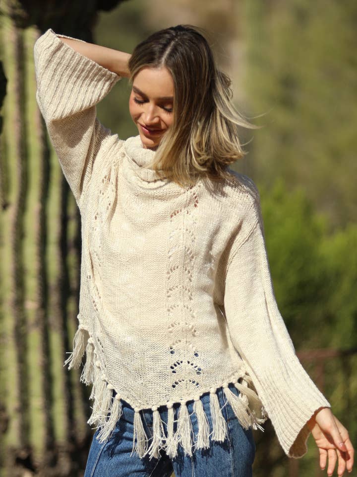 XHS44-ASIS HALSUDSKÆRING MED FRYNSER MED BRED ÆRME ÅBEN STRIKKET PULLOV for engroshandel hos ANGIE