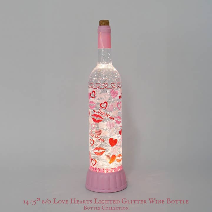 14.75" B/O Lighted Glitter Wine Bottle, Love Hearts for wholesale by IEGIFT