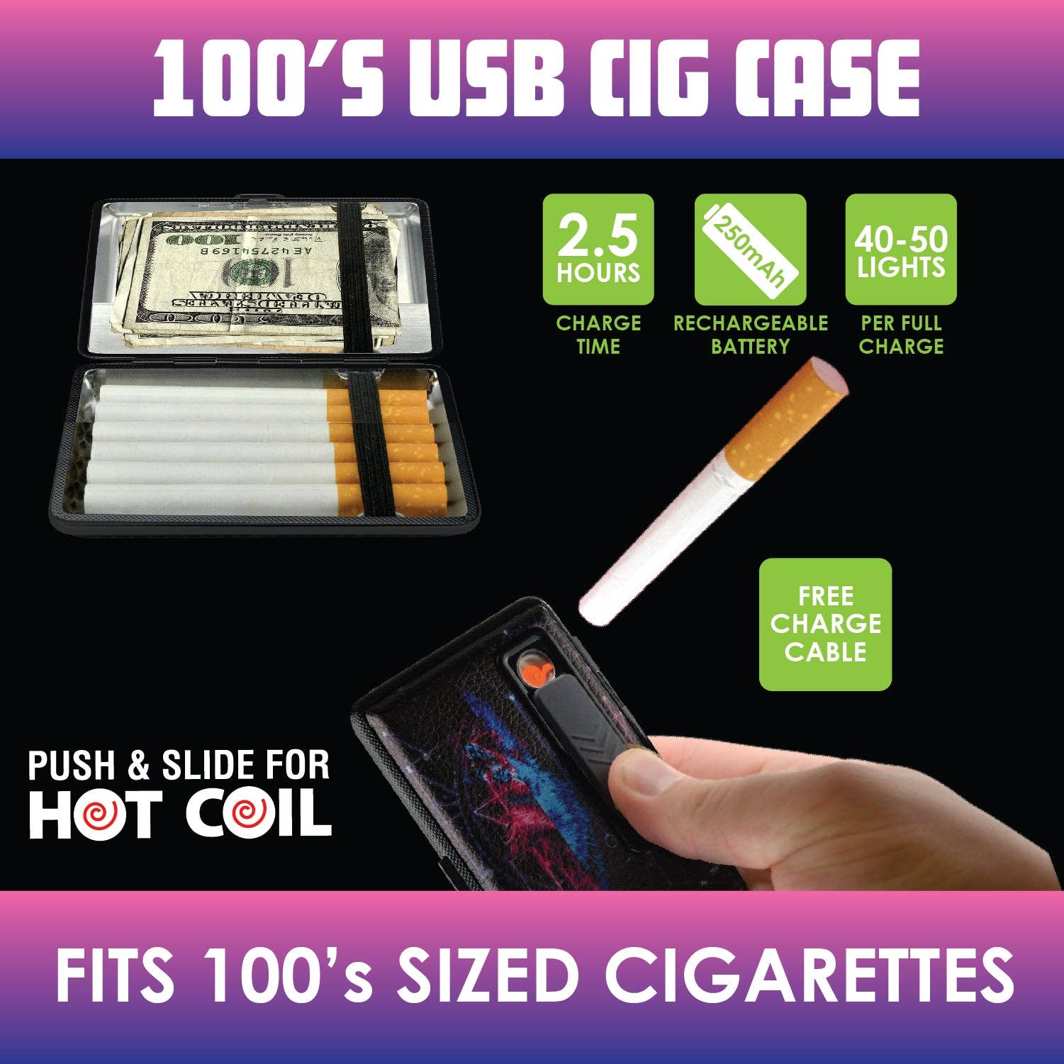 Novelty Closeout - Wholesale Cigarette Case - Smokezilla USB Coil Lighter 100s Case Assortment- 8/Pack3