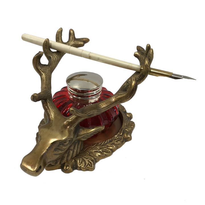 Madison Bay Co. - Historical Home Decor Reproductions - Wholesale Pen & Pencil Holder - 6-1/2" Antiqued Brass Stag Inkwell Stand w/wo Accessories