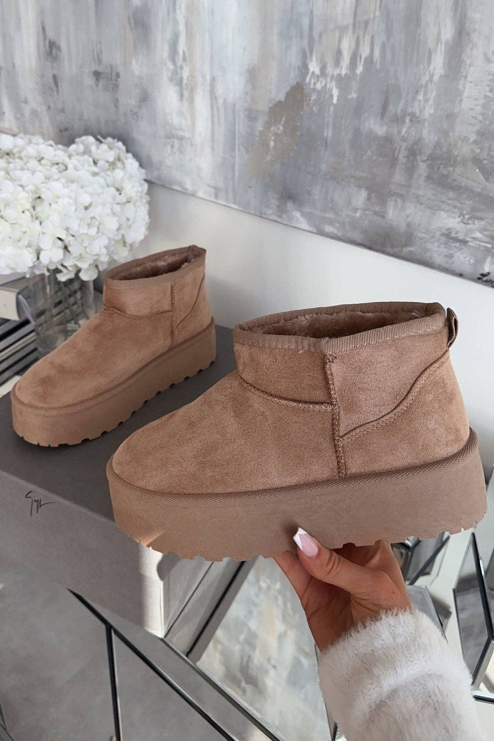 Camel Faux Fur Lined Ultra Mini Platform Women's Ankle Boots for wholesale on Faire3