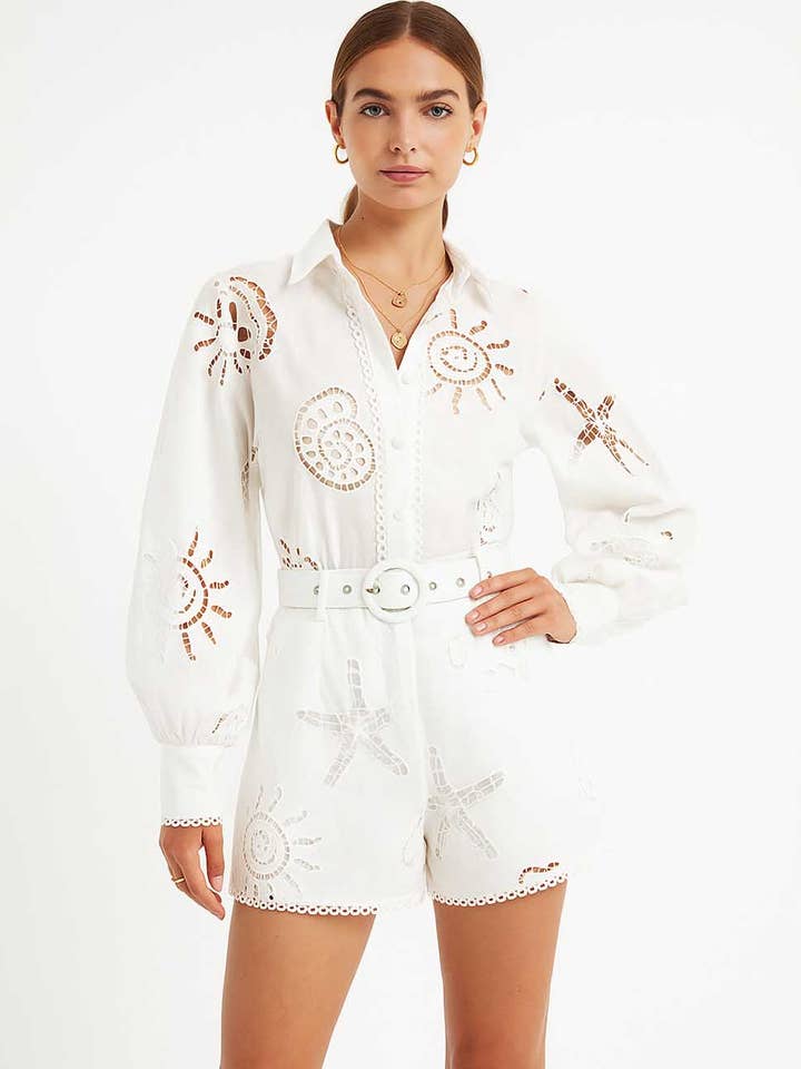 Ladies Embroidery Eyelet Hollow Button Down Shirt & Shorts Set for wholesale by Sweetkama