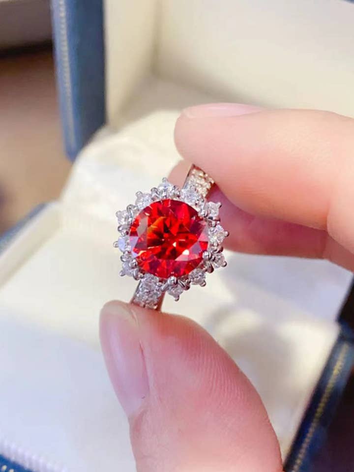 2 Carat Red Brilliant Round Cut Moissanite Platinum Over Pure Sterling Silver Halo Ring for wholesale by Sparkala