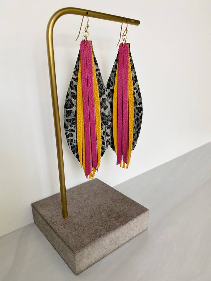 Stacked Leaf Leather Earrings - Camo Leopard Mustard Fuchsia for wholesale by The Supply Society